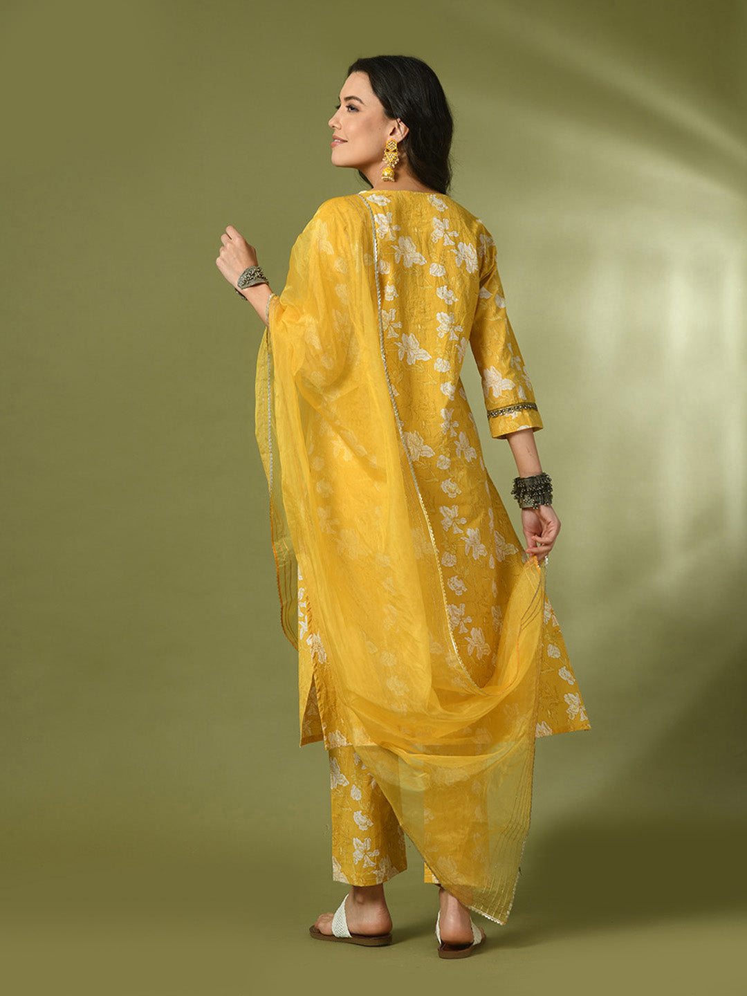 Women's Yellow Printed Cotton Straight Party Kurta Sets With Dupatta - Myshka