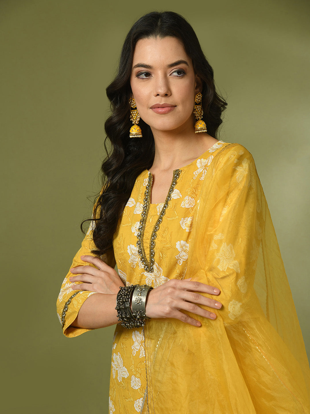 Women's Yellow Printed Cotton Straight Party Kurta Sets With Dupatta - Myshka
