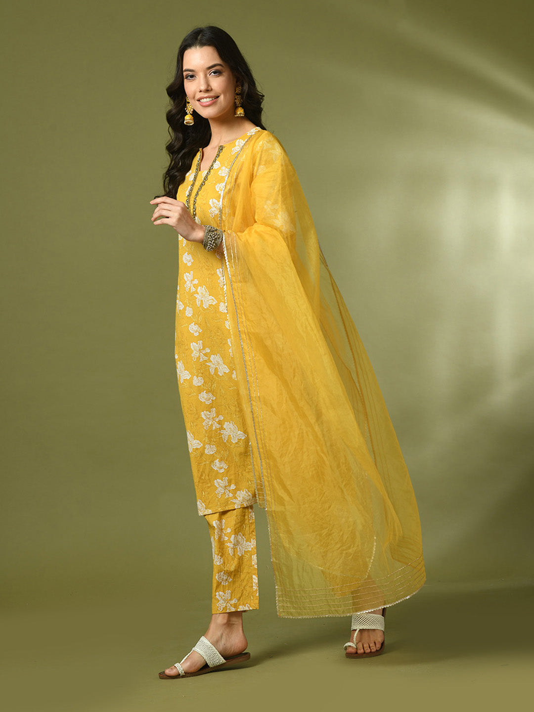 Women's Yellow Printed Cotton Straight Party Kurta Sets With Dupatta - Myshka