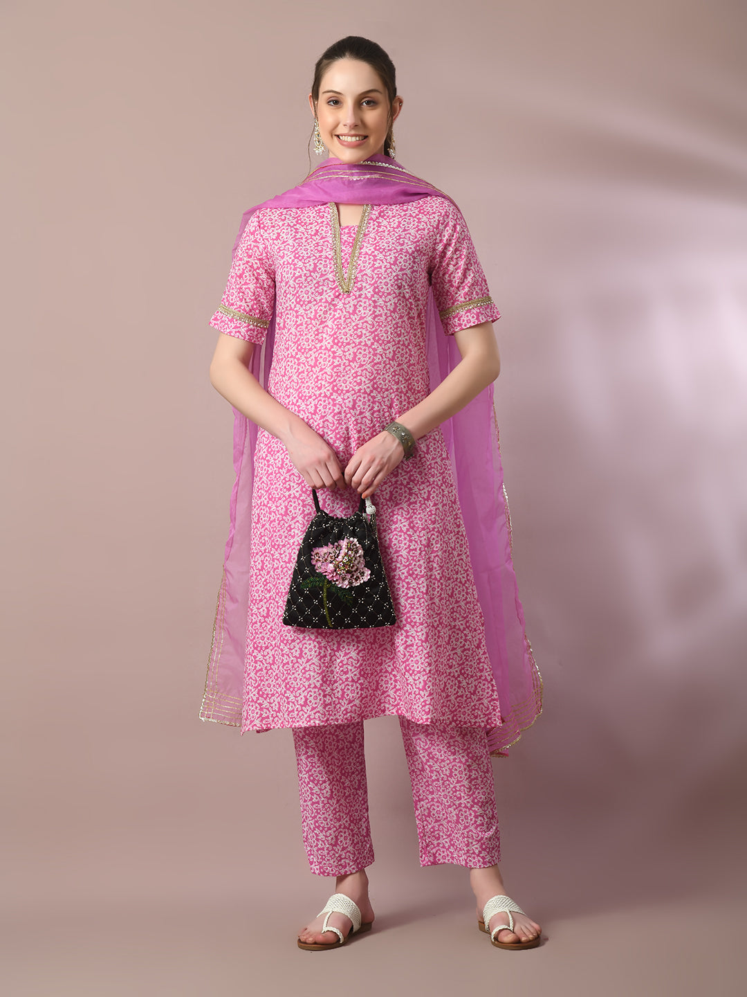Women's Pink Printed Cotton Straight Party Kurta Sets With Dupatta - Myshka