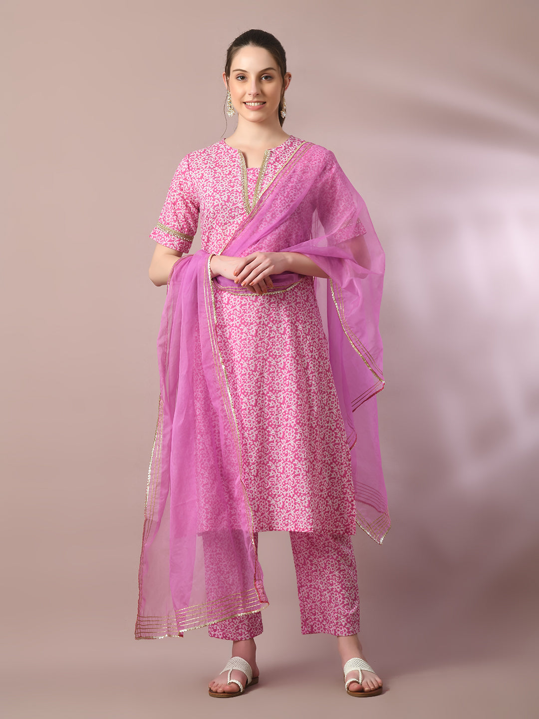Women's Pink Printed Cotton Straight Party Kurta Sets With Dupatta - Myshka
