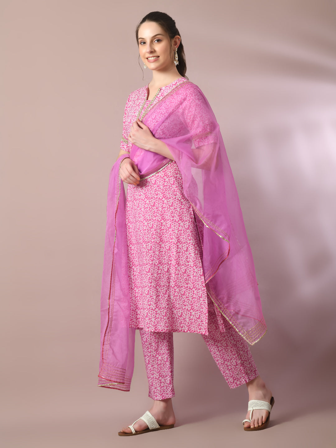 Women's Pink Printed Cotton Straight Party Kurta Sets With Dupatta - Myshka