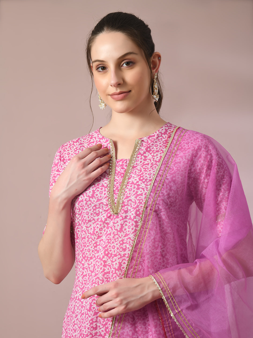 Women's Pink Printed Cotton Straight Party Kurta Sets With Dupatta - Myshka