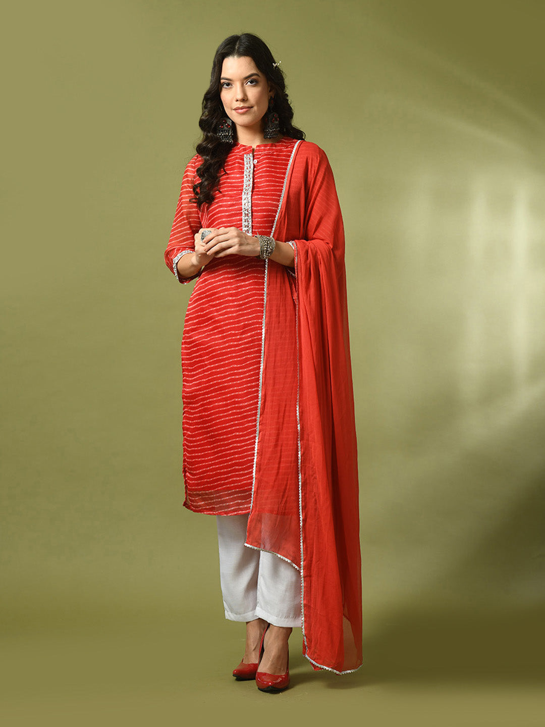 Women's Red Printed Kota Straight Party Kurta Sets With Dupatta - Myshka
