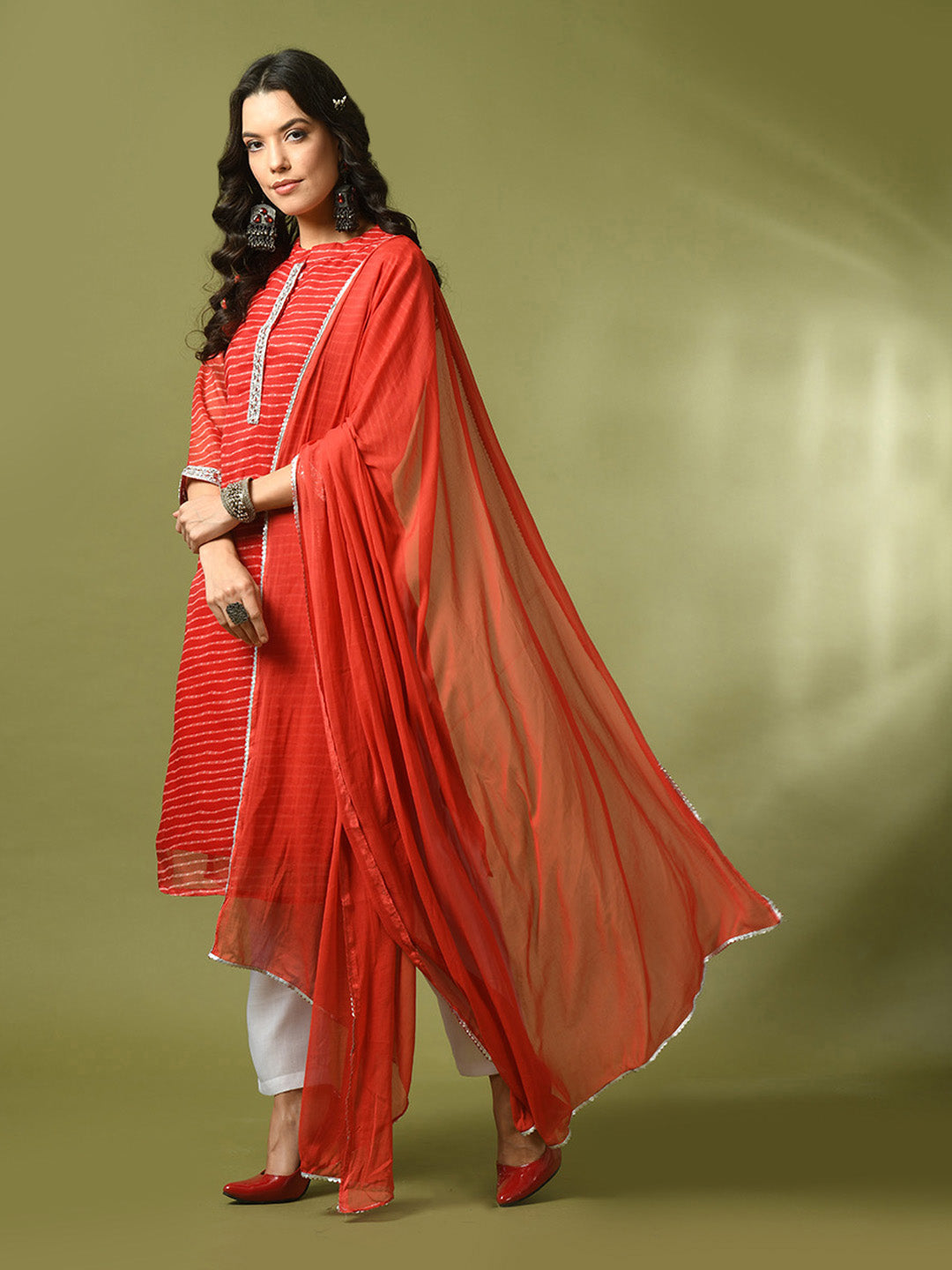 Women's Red Printed Kota Straight Party Kurta Sets With Dupatta - Myshka