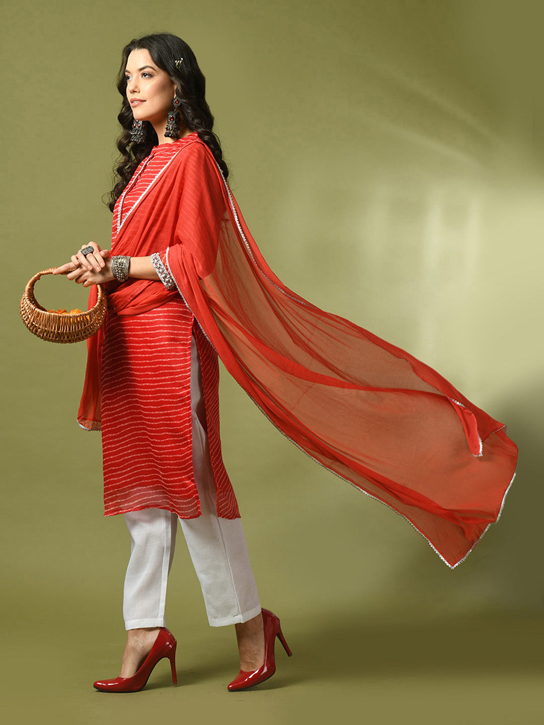 Women's Red Printed Kota Straight Party Kurta Sets With Dupatta - Myshka