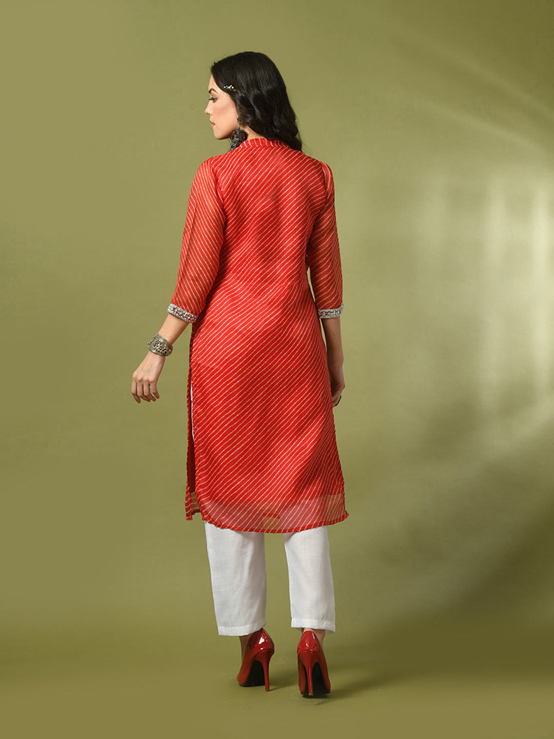 Women's Red Printed Kota Straight Party Kurta Sets With Dupatta - Myshka