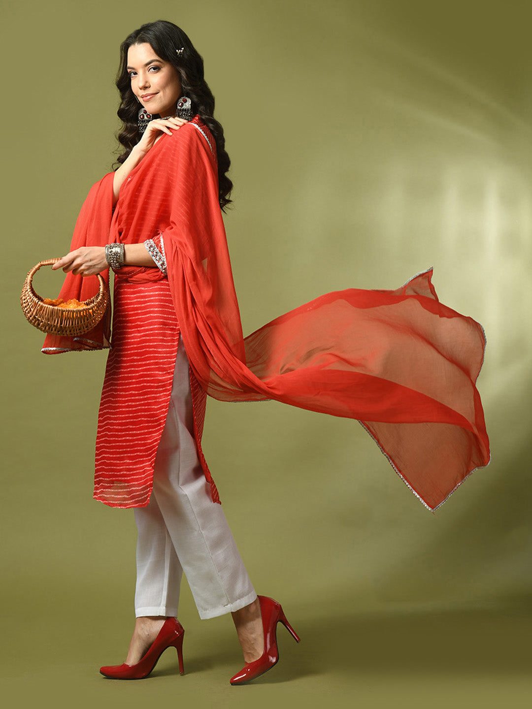 Women's Red Printed Kota Straight Party Kurta Sets With Dupatta - Myshka