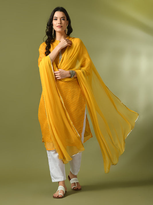 Myshka Women's Yellow Printed Kota Straight Party Kurta Sets With Dupatta