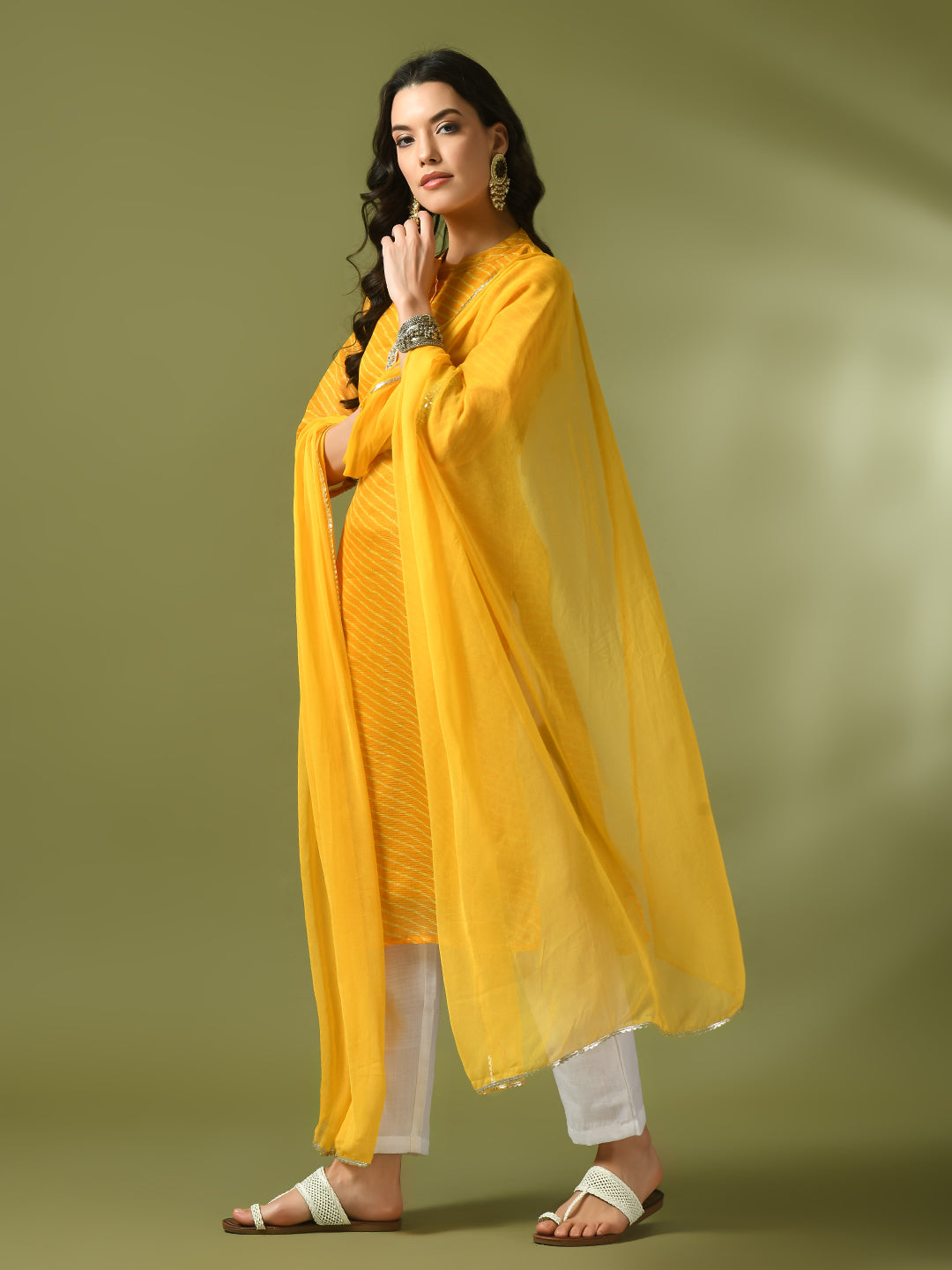 Myshka Women's Yellow Printed Kota Straight Party Kurta Sets With Dupatta