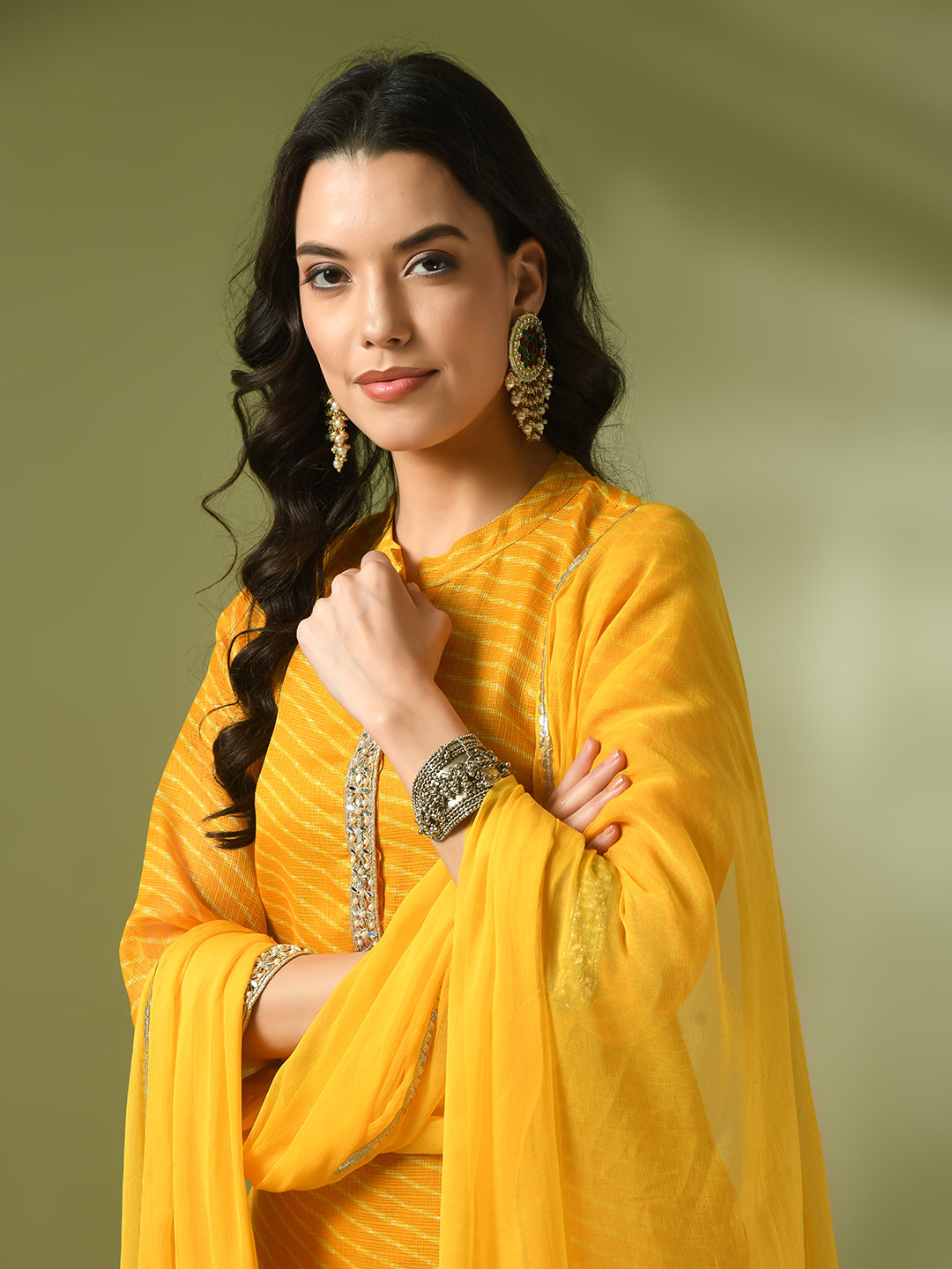 Myshka Women's Yellow Printed Kota Straight Party Kurta Sets With Dupatta