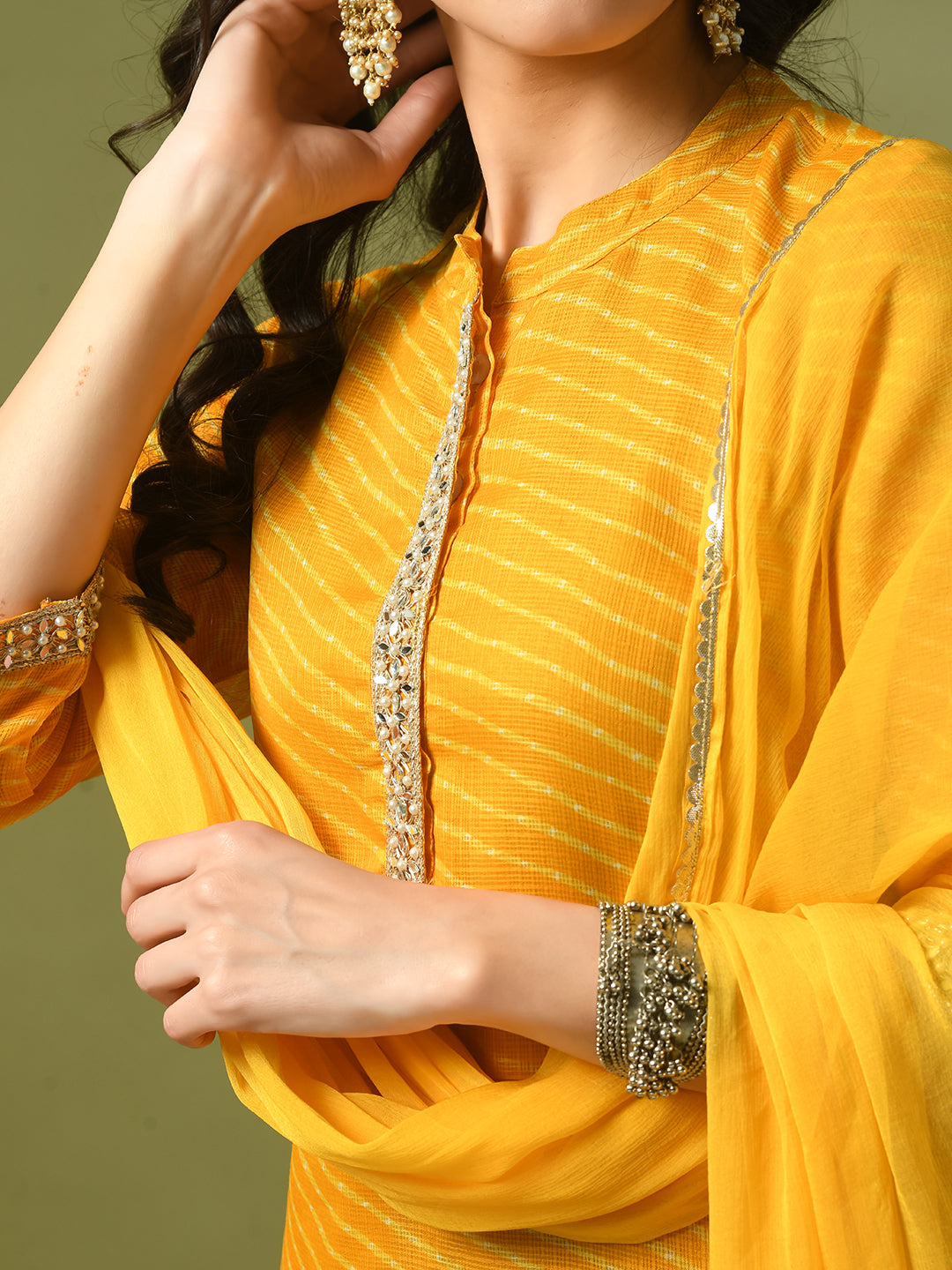 Myshka Women's Yellow Printed Kota Straight Party Kurta Sets With Dupatta