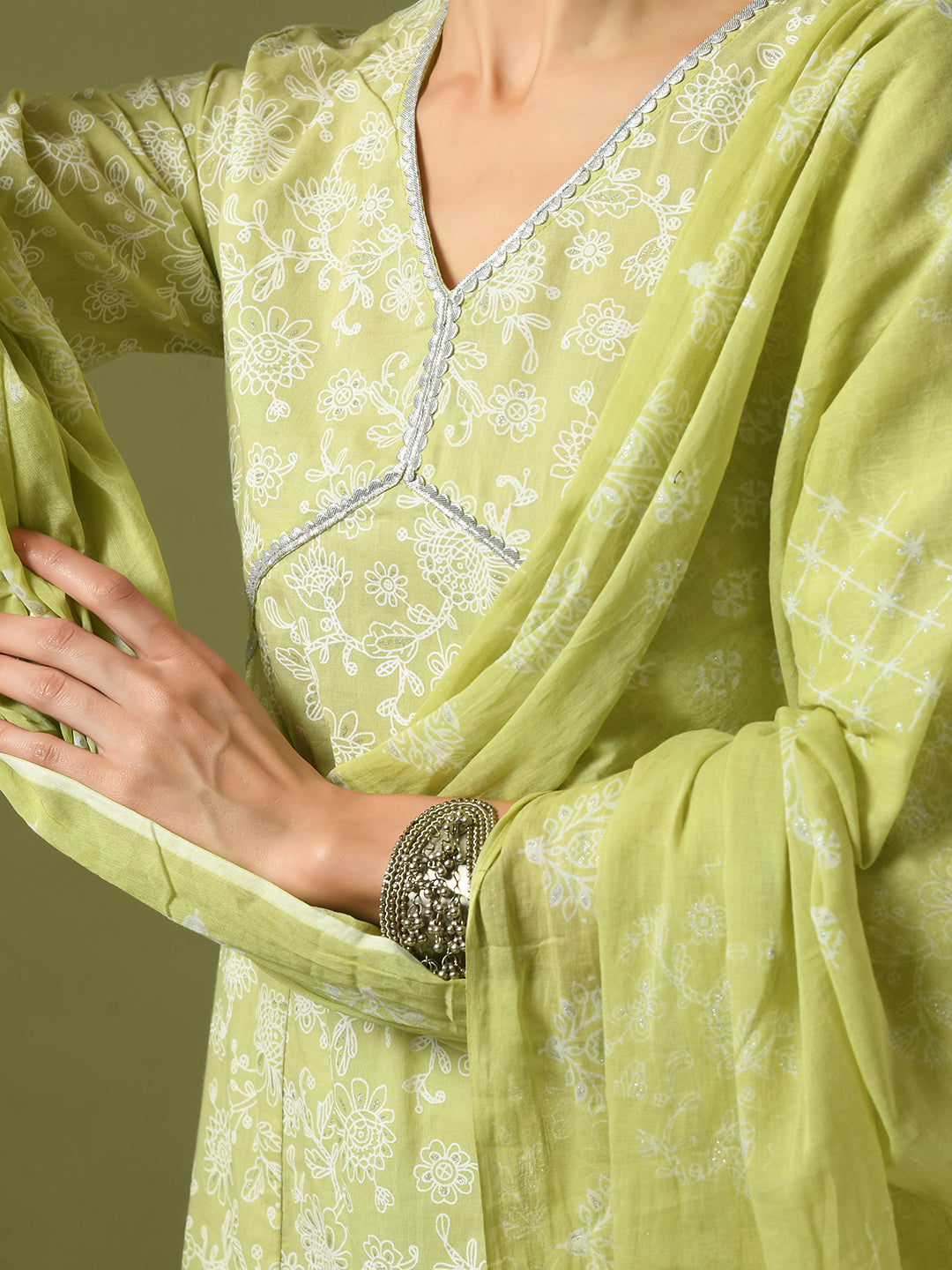 Myshka Women's Lime Green Printed Cotton Anarkali Party Kurta Sets With Dupatta