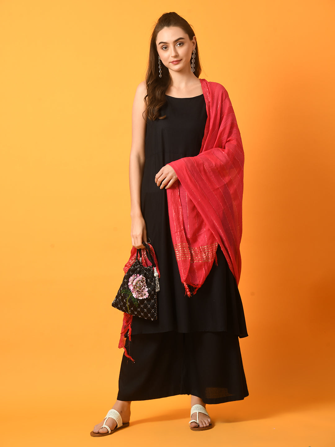 Women's Black Solid Anarkali Party Kurta Sets With Dupatta - Myshka
