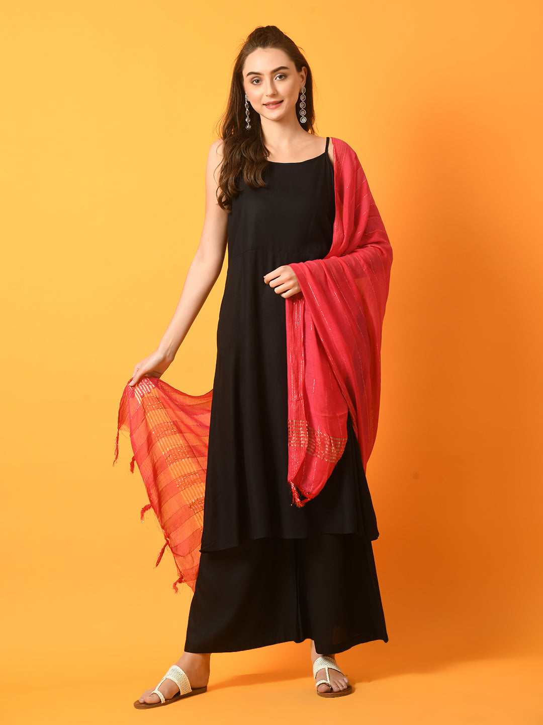 Women's Black Solid Anarkali Party Kurta Sets With Dupatta - Myshka