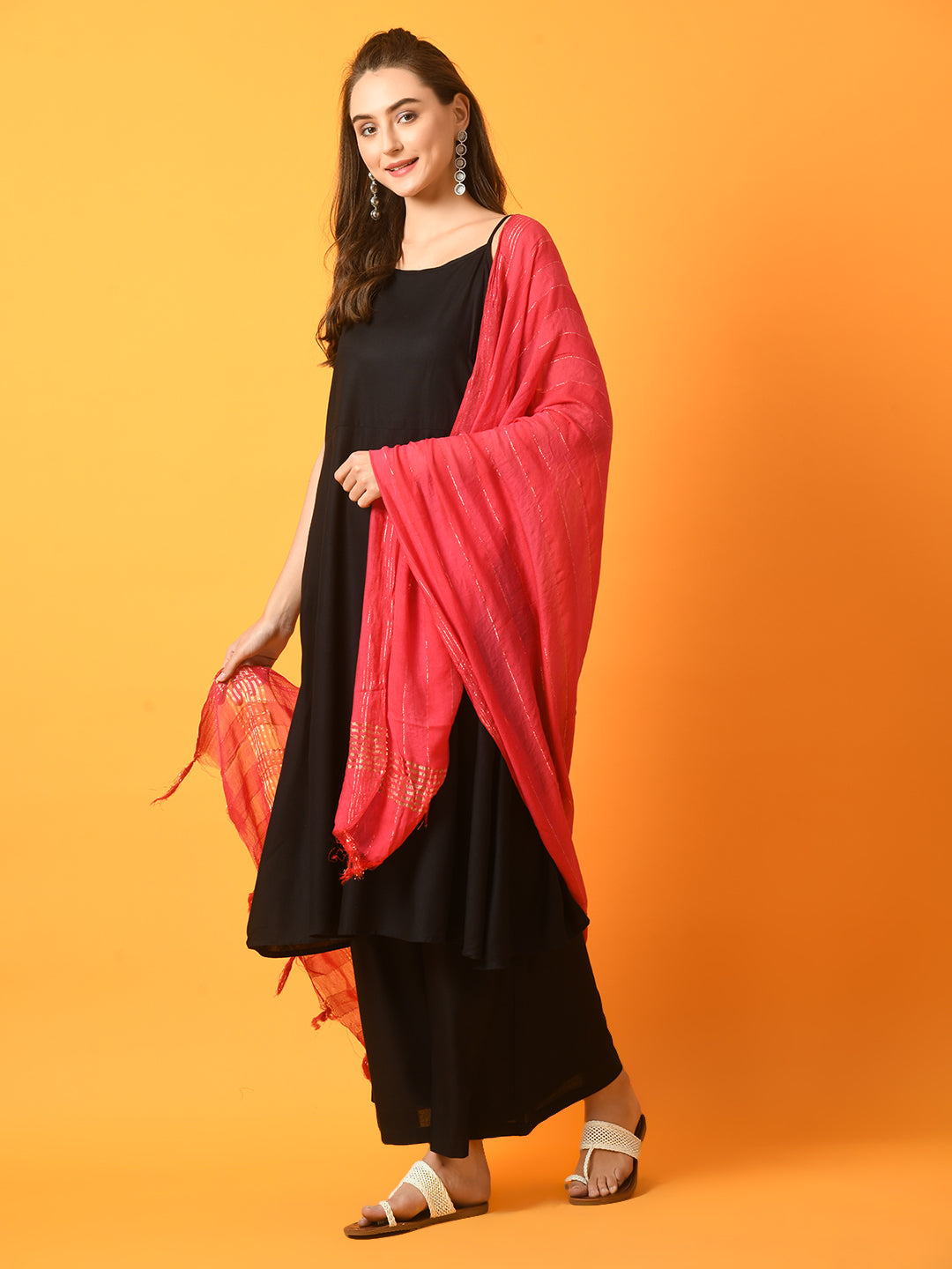 Women's Black Solid Anarkali Party Kurta Sets With Dupatta - Myshka