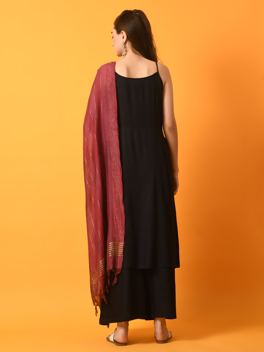 Myshka Women's Black Solid Anarkali Party Kurta Sets With Dupatta