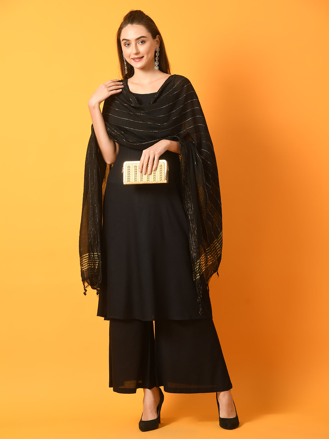 Myshka Women's Black Solid Anarkali Party Kurta Sets With Dupatta