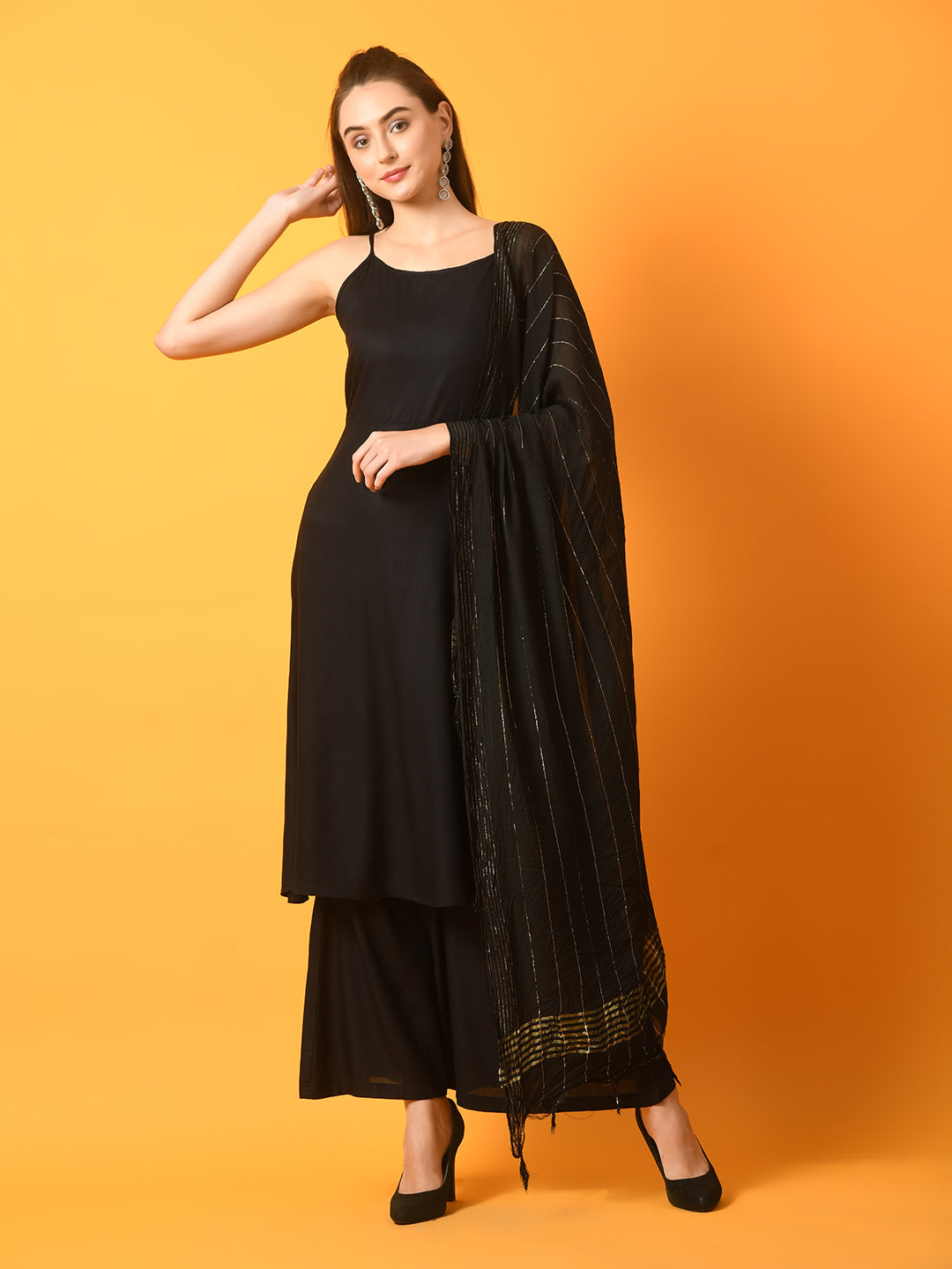 Myshka Women's Black Solid Anarkali Party Kurta Sets With Dupatta