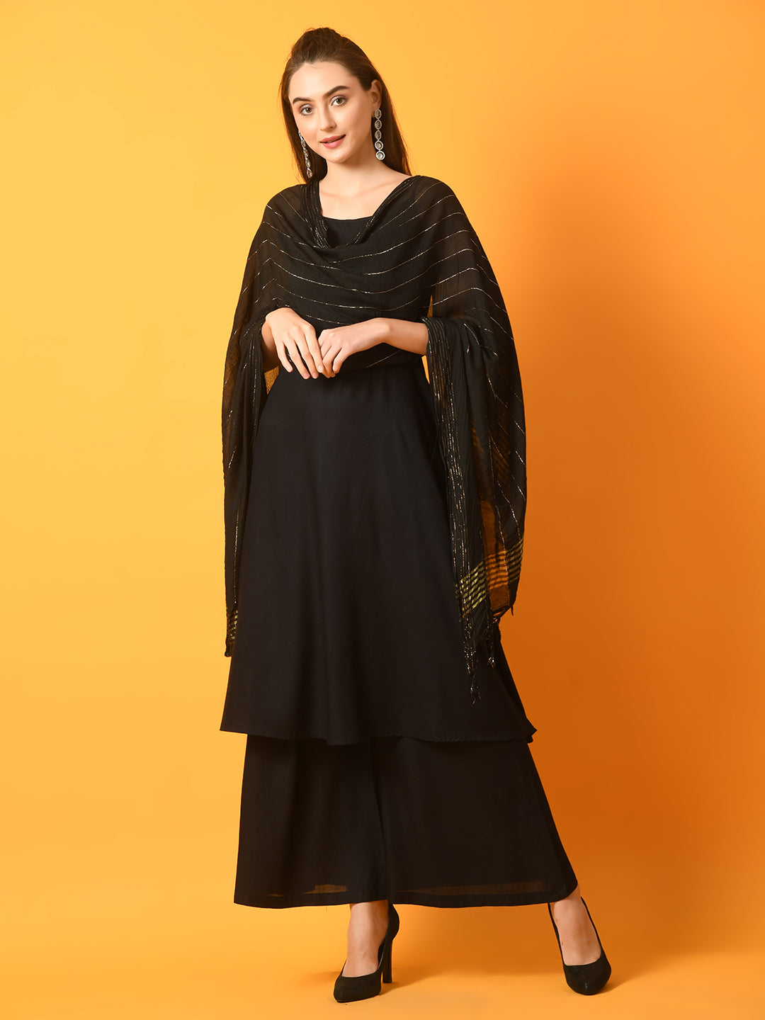 Myshka Women's Black Solid Anarkali Party Kurta Sets With Dupatta