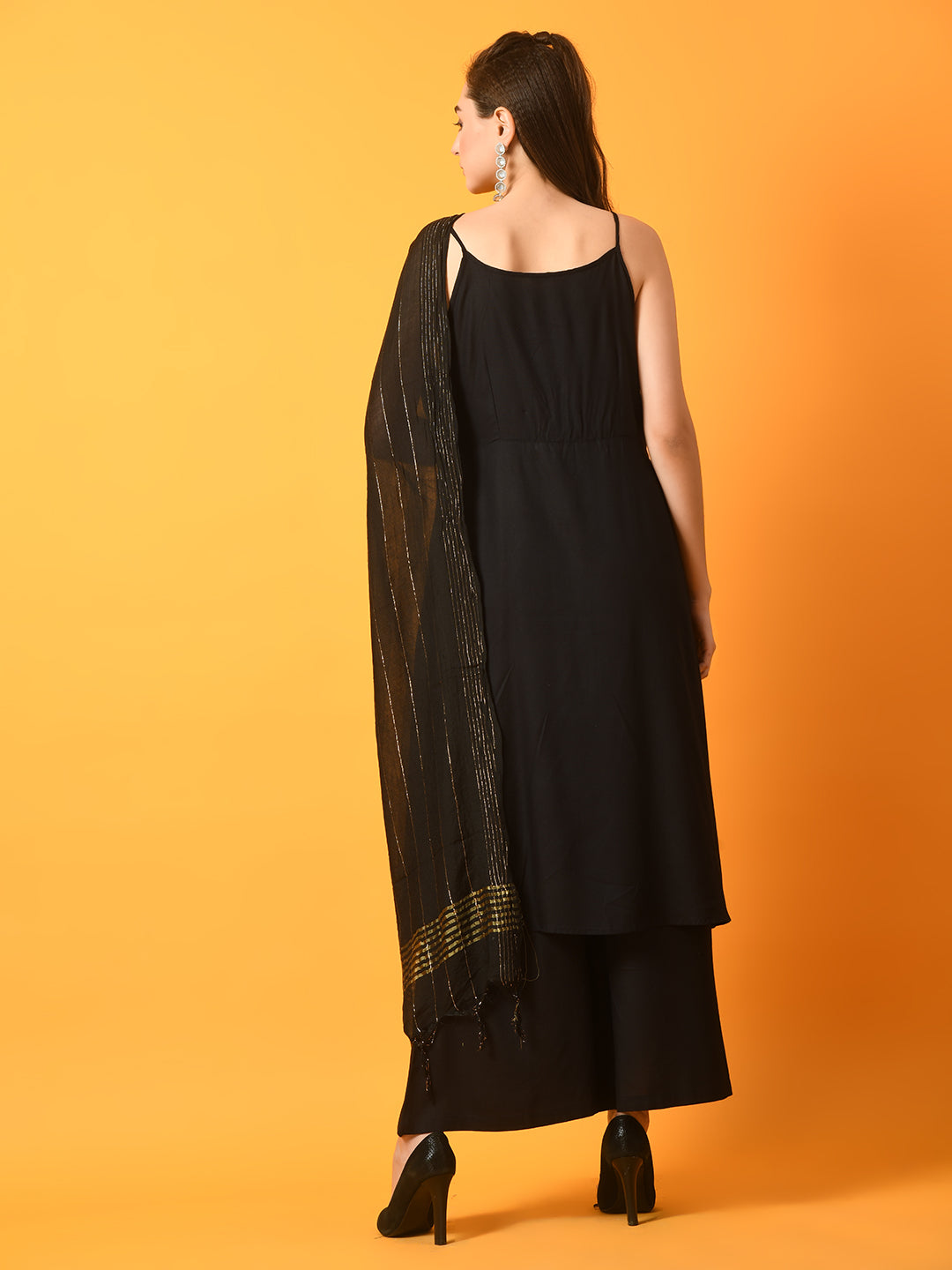 Myshka Women's Black Solid Anarkali Party Kurta Sets With Dupatta