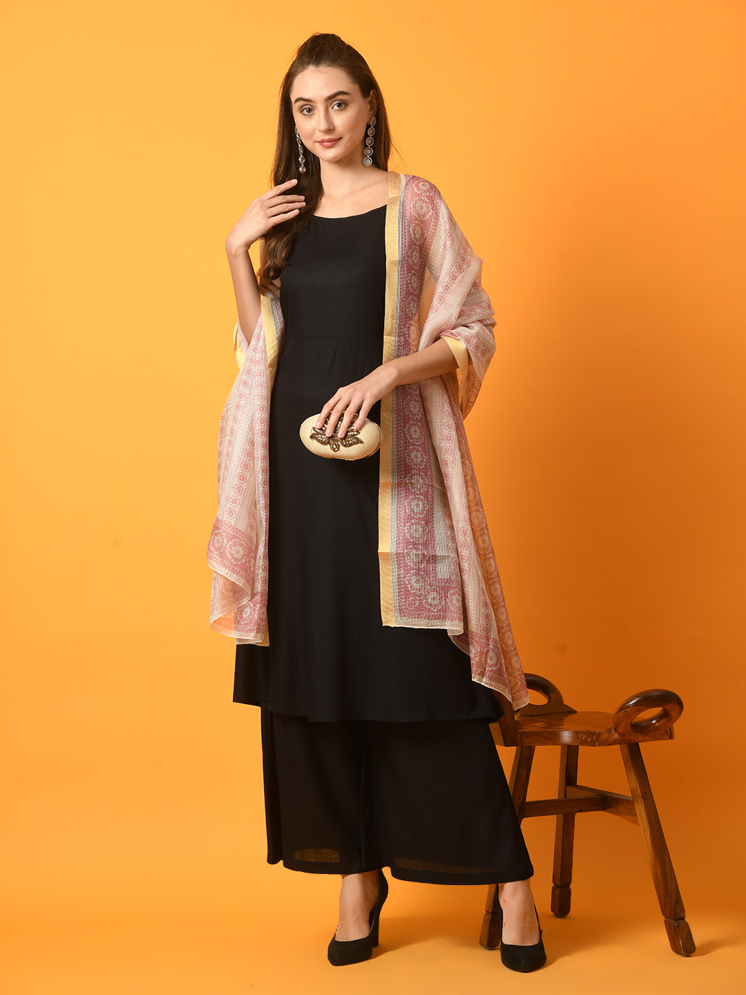 Women's Black Solid Anarkali Party Kurta Sets With Printed Dupatta - Myshka