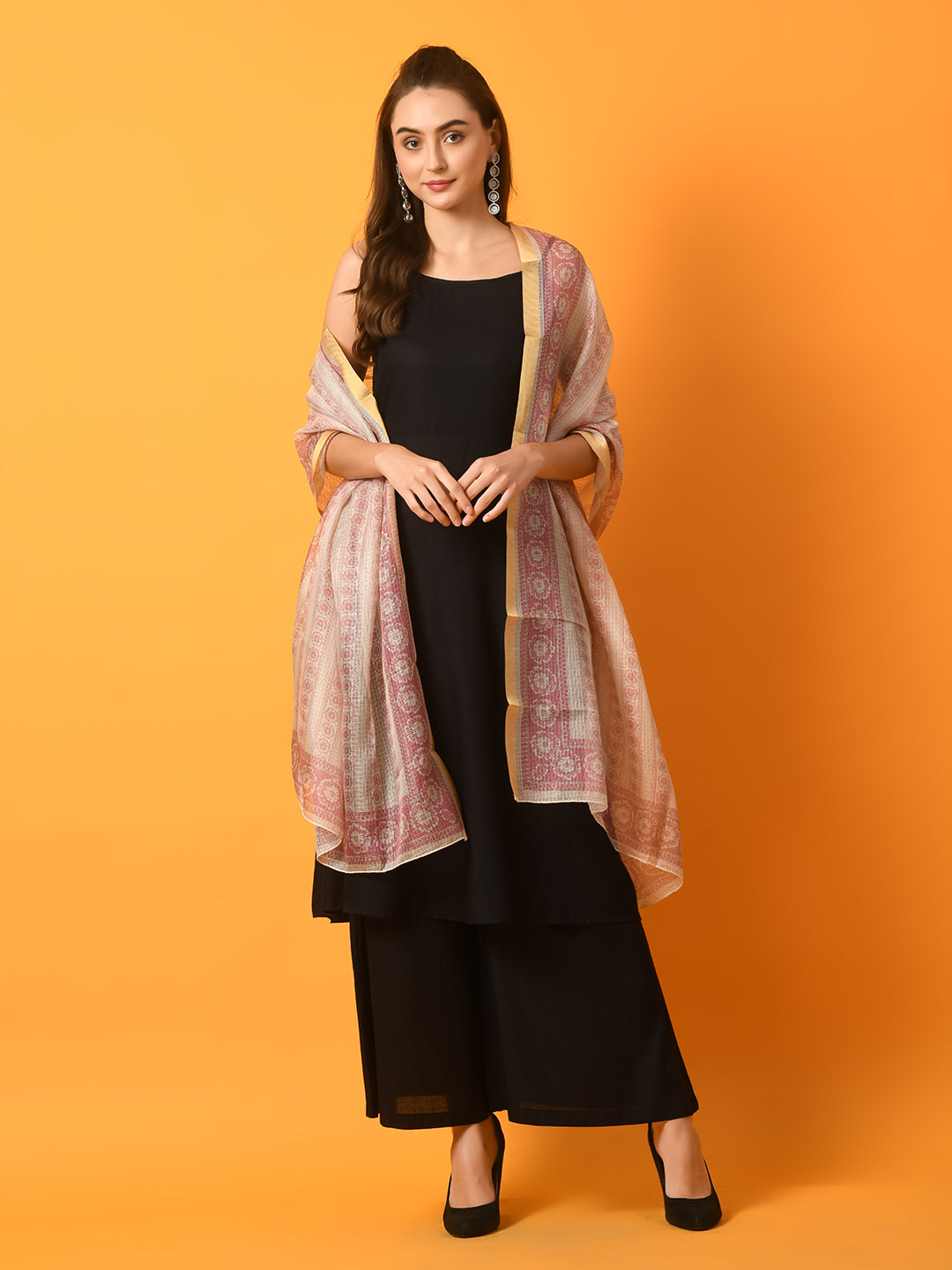 Myshka Women's Black Solid Anarkali Party Kurta Sets With Printed Dupatta