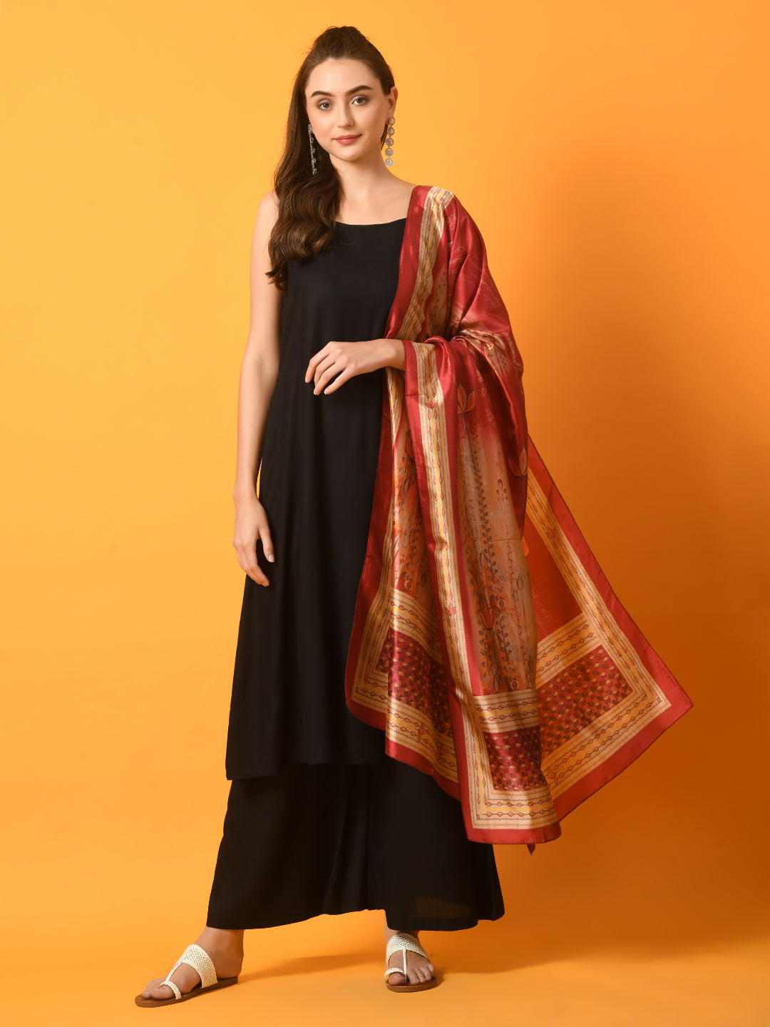 Women's Black Solid Anarkali Party Kurta Sets With Printed Dupatta - Myshka