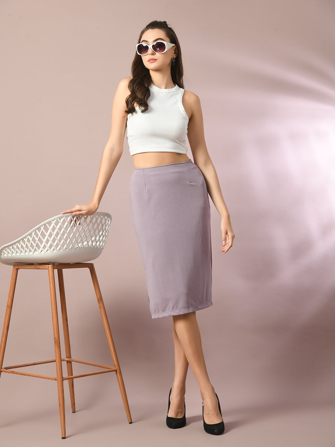 Women's Lavender Solid Knee Length Party Embellished Skirts - Myshka