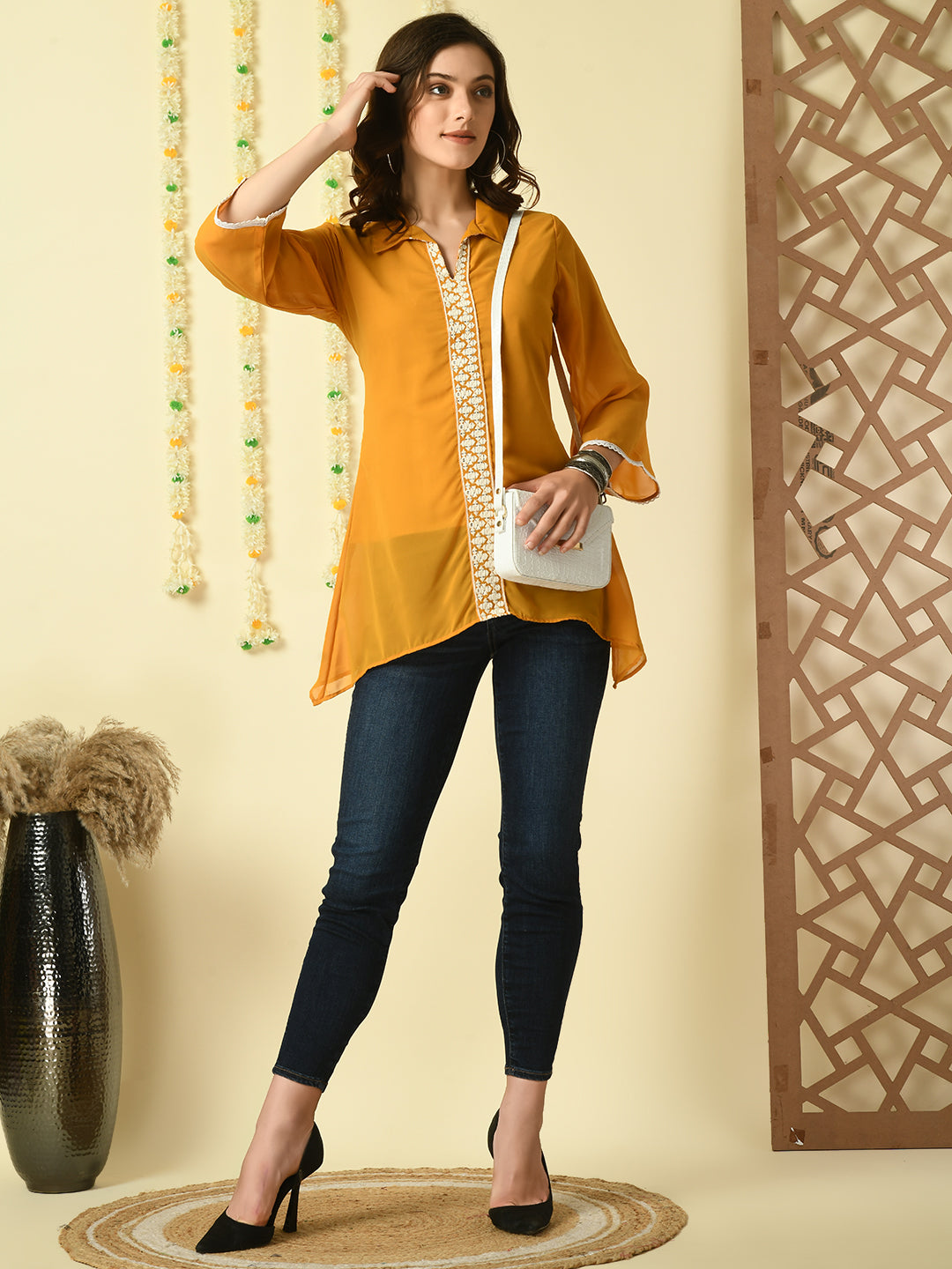 Myshka Women's Mustard Embroidered Party Fusion Top Myshka
