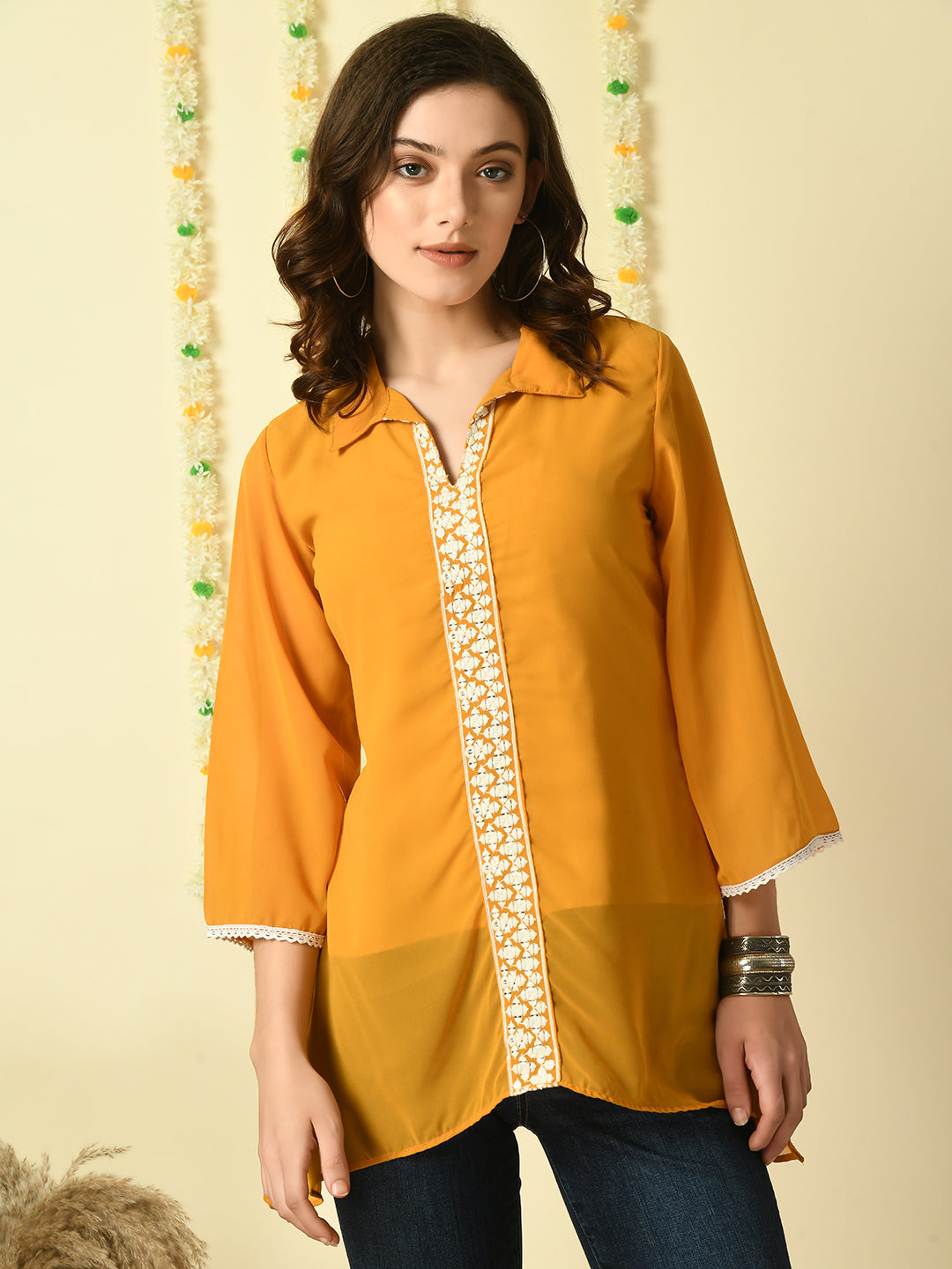 Myshka Women's Mustard Embroidered Party Fusion Top Myshka