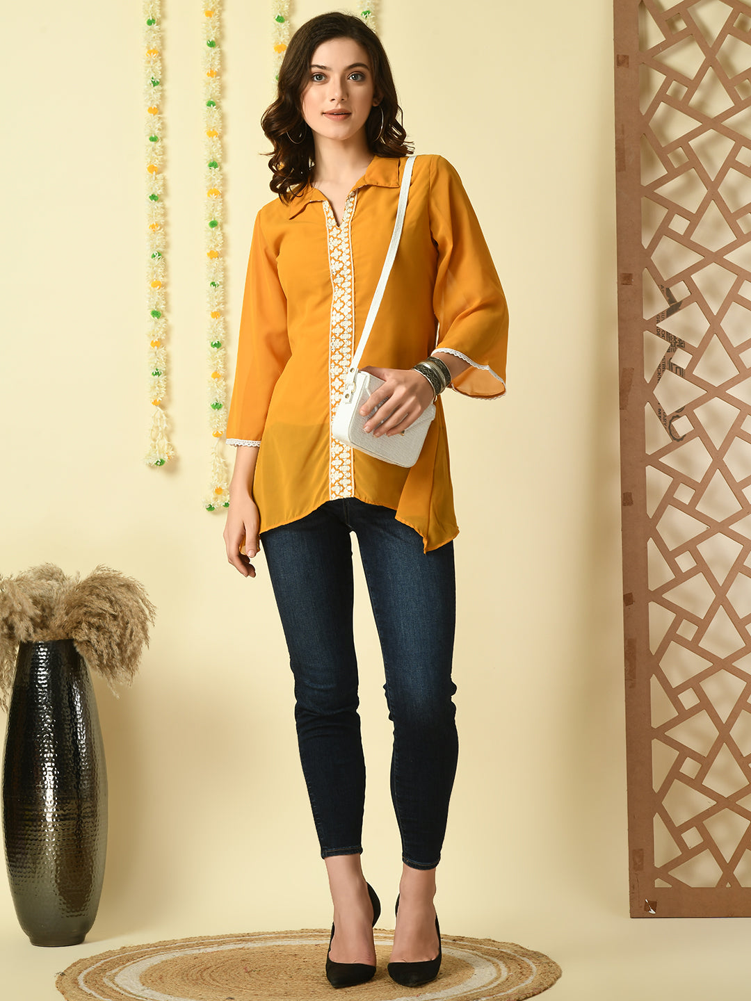 Myshka Women's Mustard Embroidered Party Fusion Top Myshka