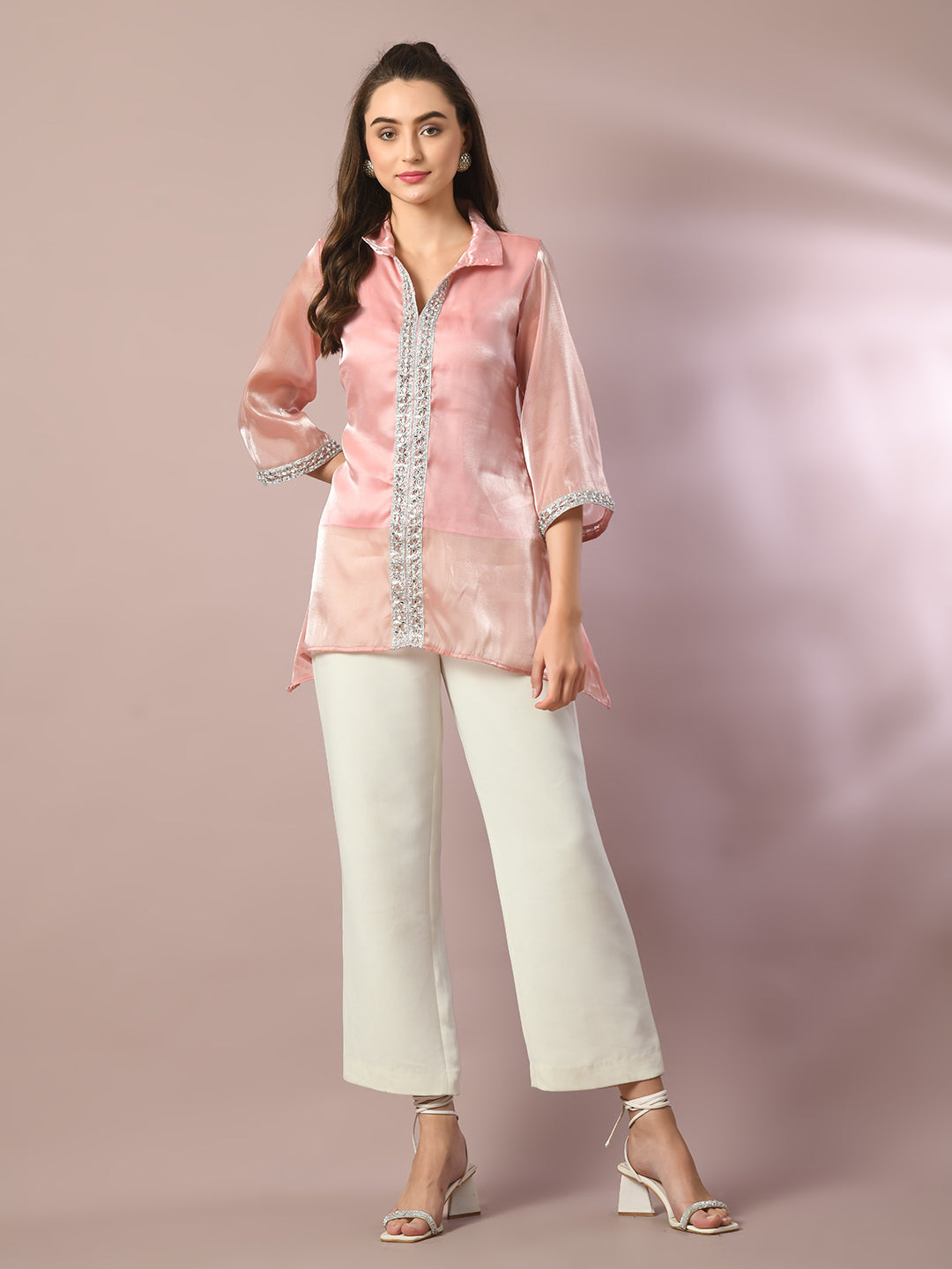 Women's Pink Solid Longline Party Tunic - Myshka