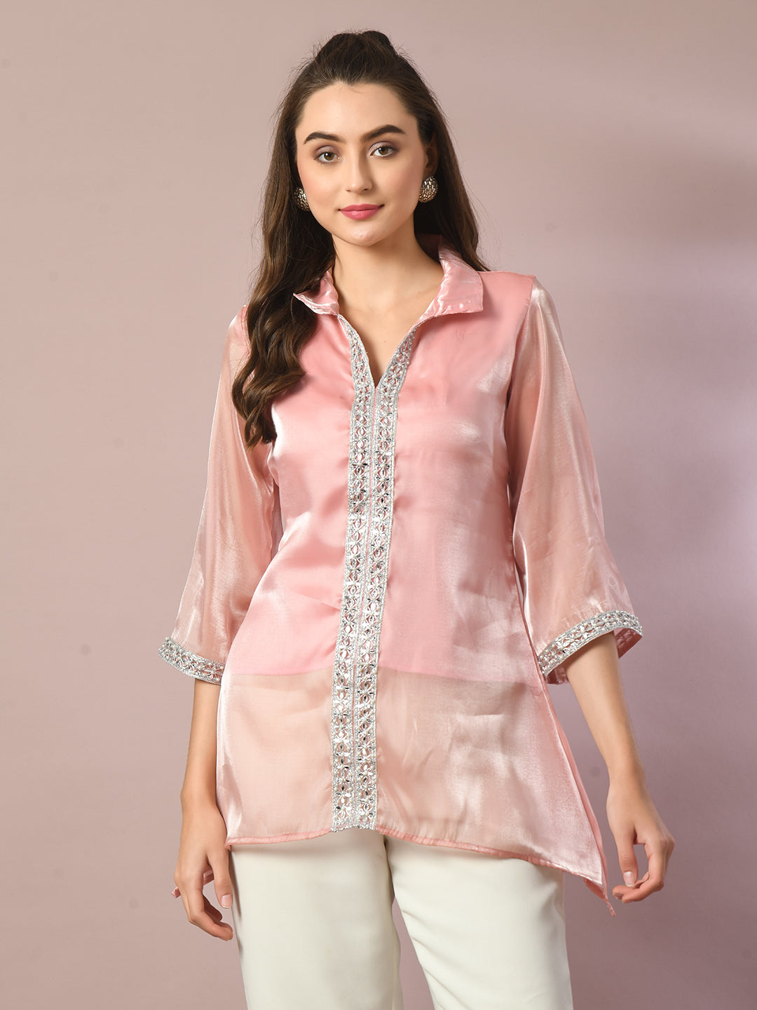 Women's Pink Solid Longline Party Tunic - Myshka
