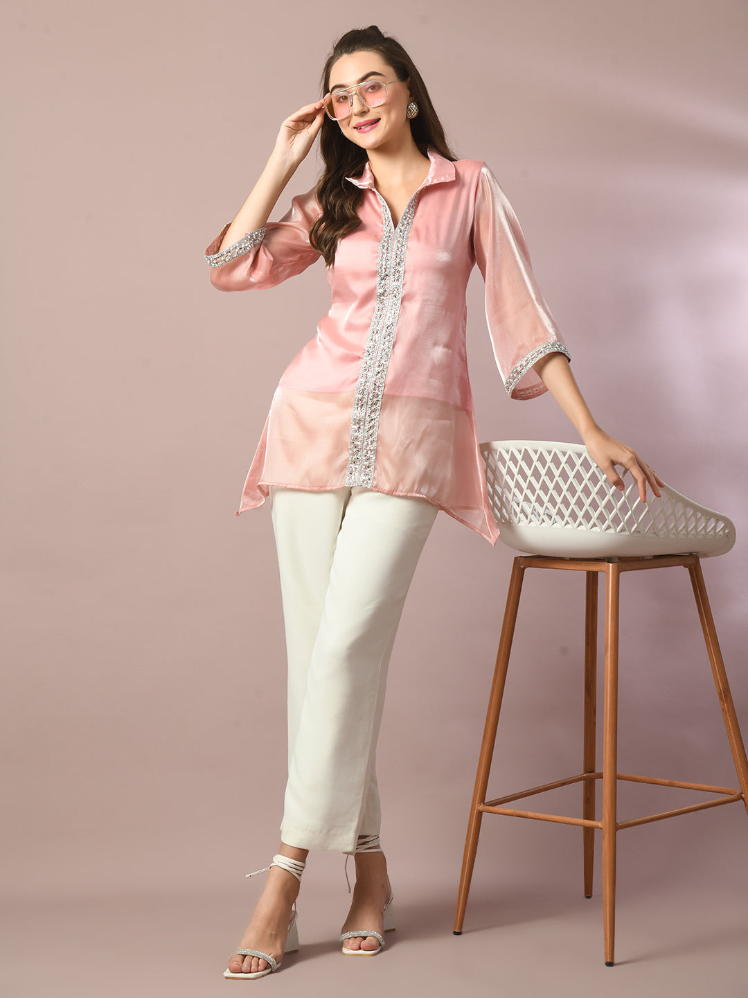 Women's Pink Solid Longline Party Tunic - Myshka