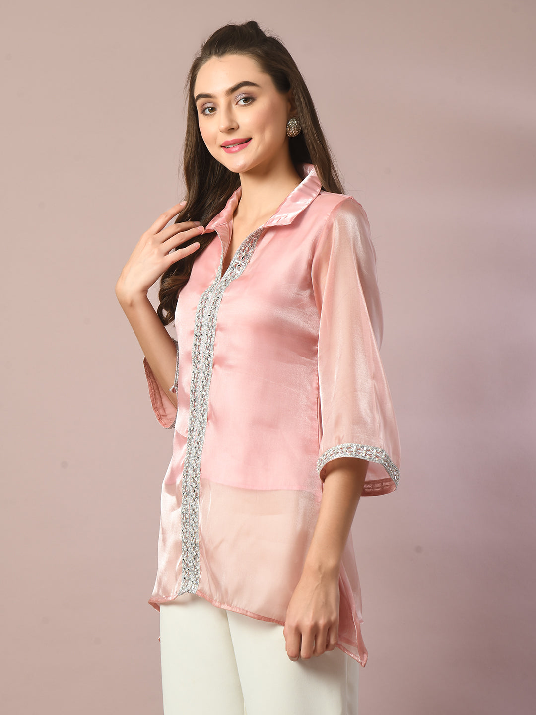 Women's Pink Solid Longline Party Tunic - Myshka