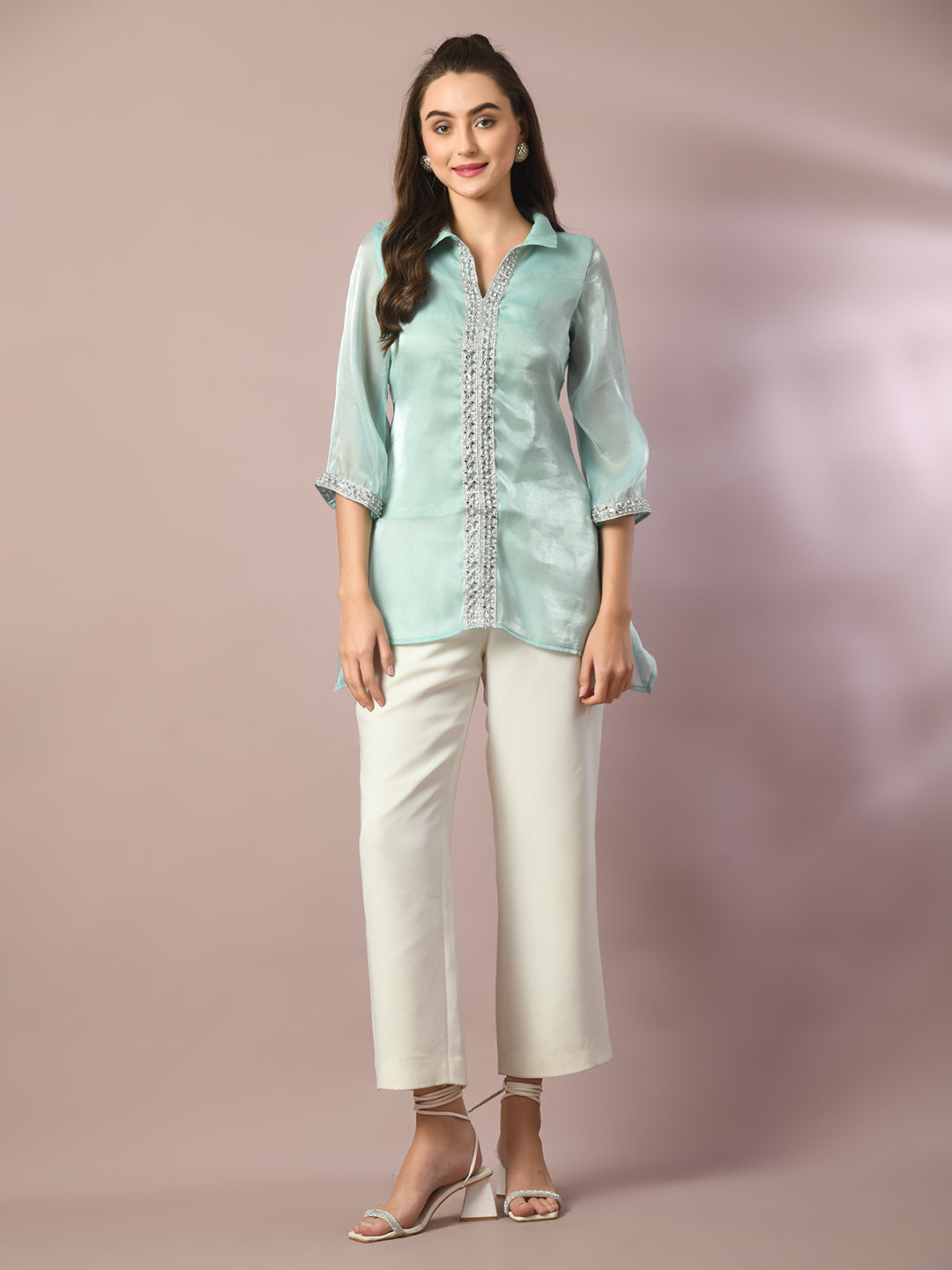 Women's Blue Solid Longline Party Tunic - Myshka