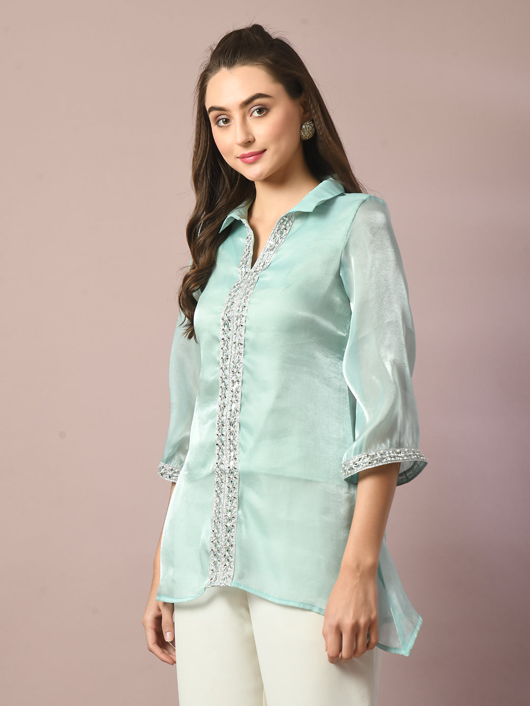 Women's Blue Solid Longline Party Tunic - Myshka