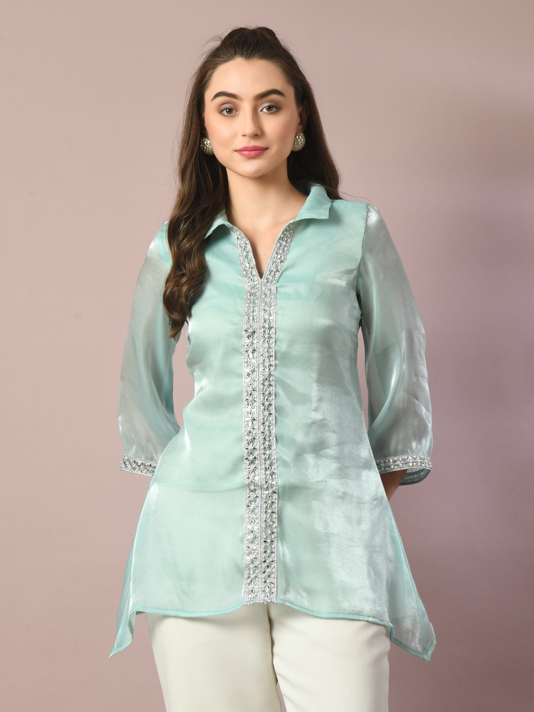 Women's Blue Solid Longline Party Tunic - Myshka