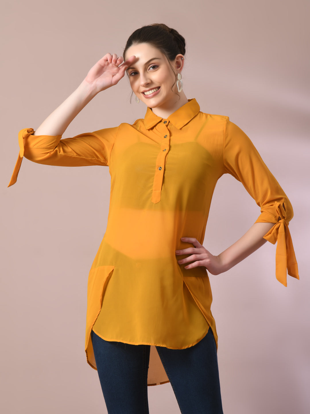 Myshka Women's Yellow Solid Georgette Longline Party Sheer Tunic