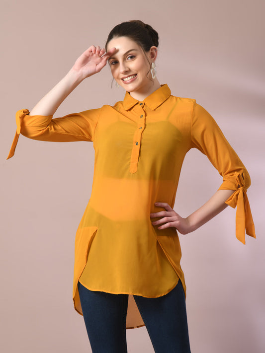 Myshka Women's Yellow Solid Georgette Longline Party Sheer Tunic