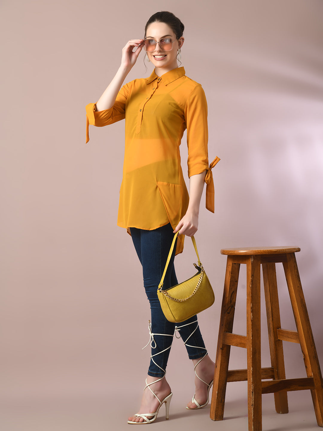 Myshka Women's Yellow Solid Georgette Longline Party Sheer Tunic