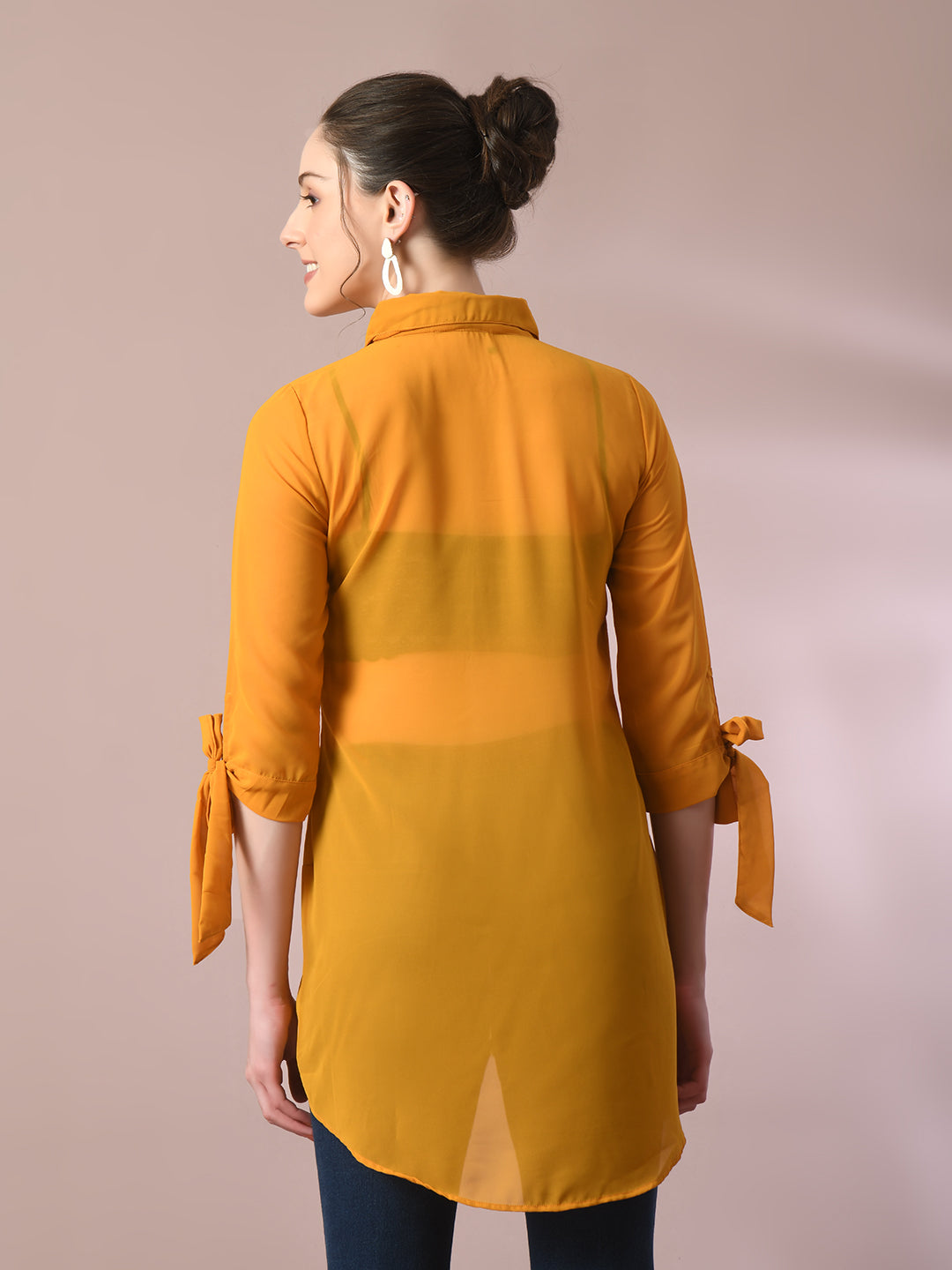 Myshka Women's Yellow Solid Georgette Longline Party Sheer Tunic