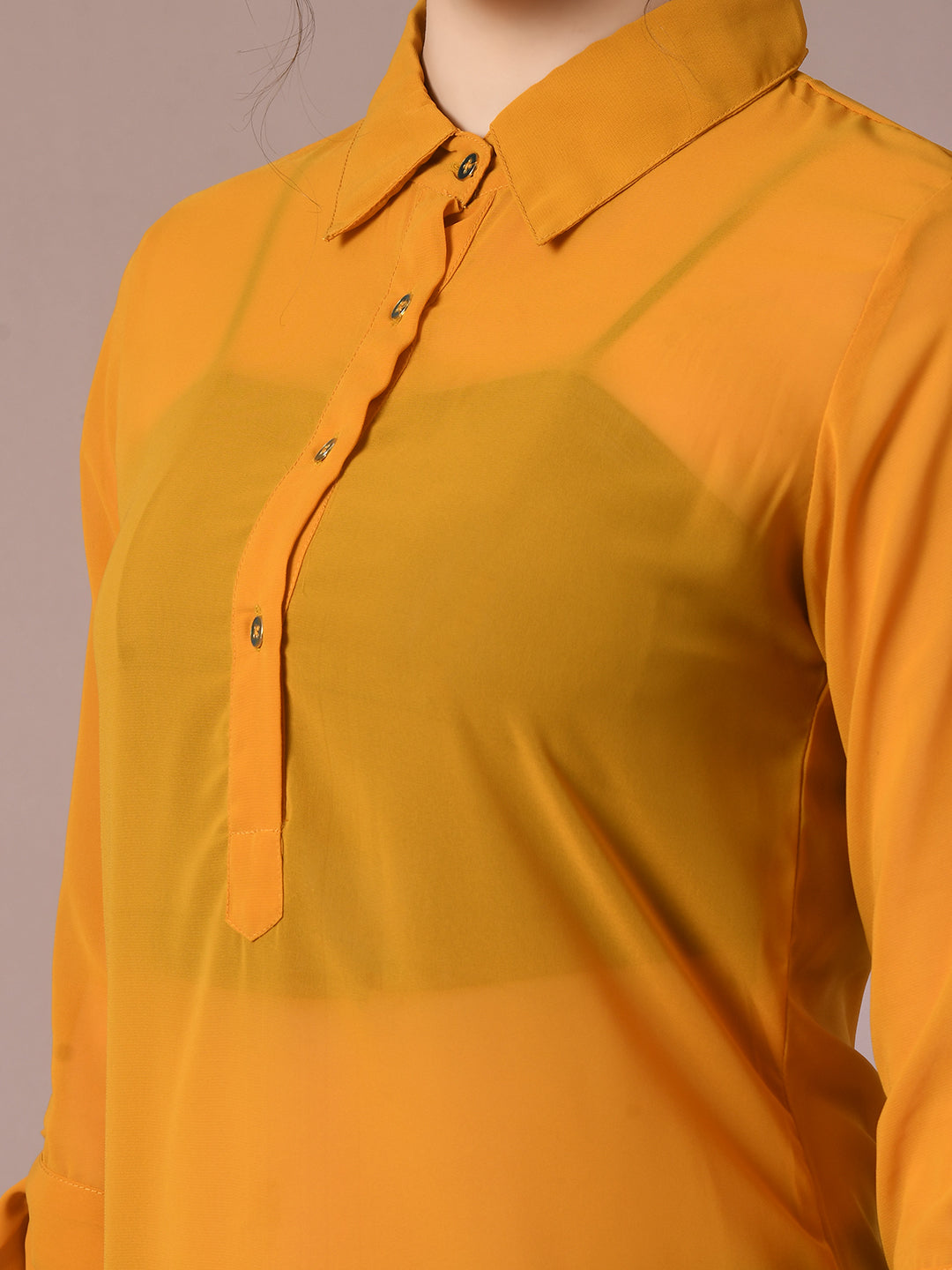 Myshka Women's Yellow Solid Georgette Longline Party Sheer Tunic