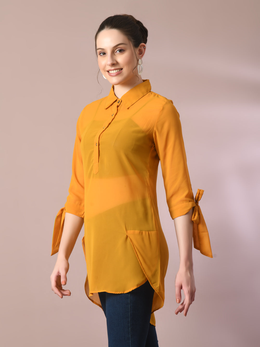Myshka Women's Yellow Solid Georgette Longline Party Sheer Tunic