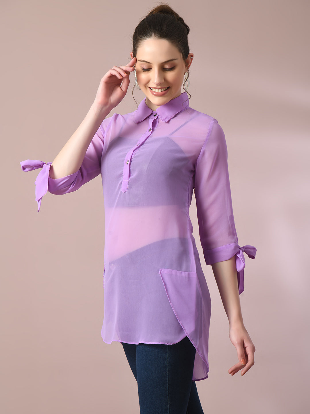 Women's Lavender Solid Georgette Longline Party Sheer Tunic - Myshka