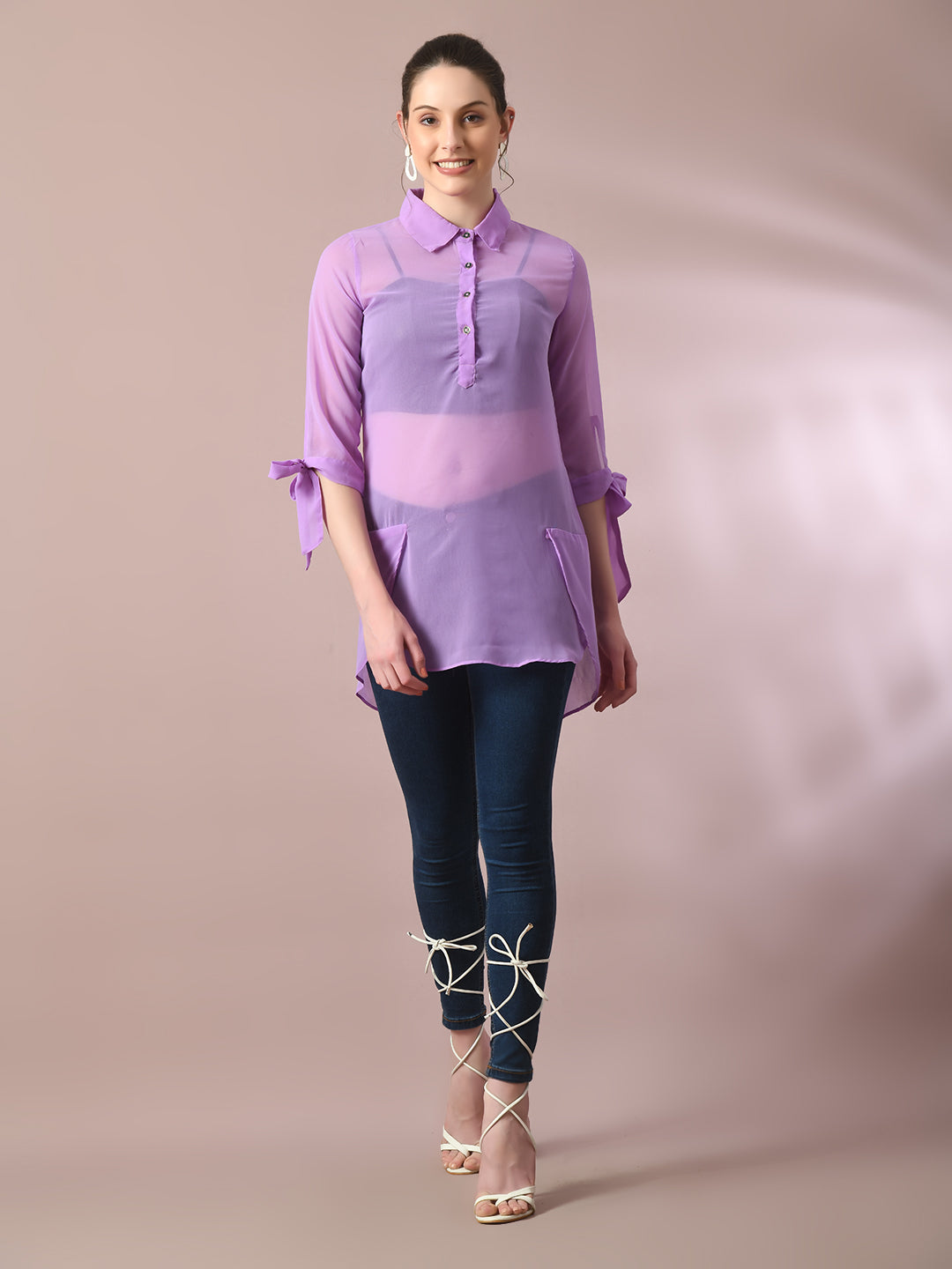 Women's Lavender Solid Georgette Longline Party Sheer Tunic - Myshka
