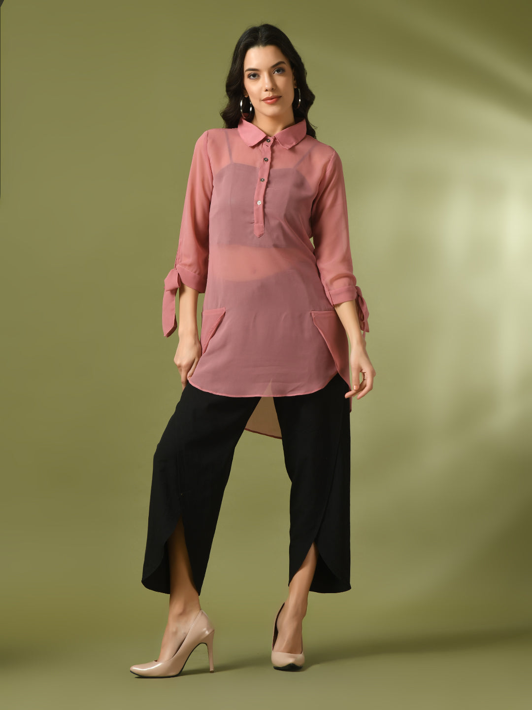Women's Pink Solid Georgette Longline Party Sheer Tunic - Myshka