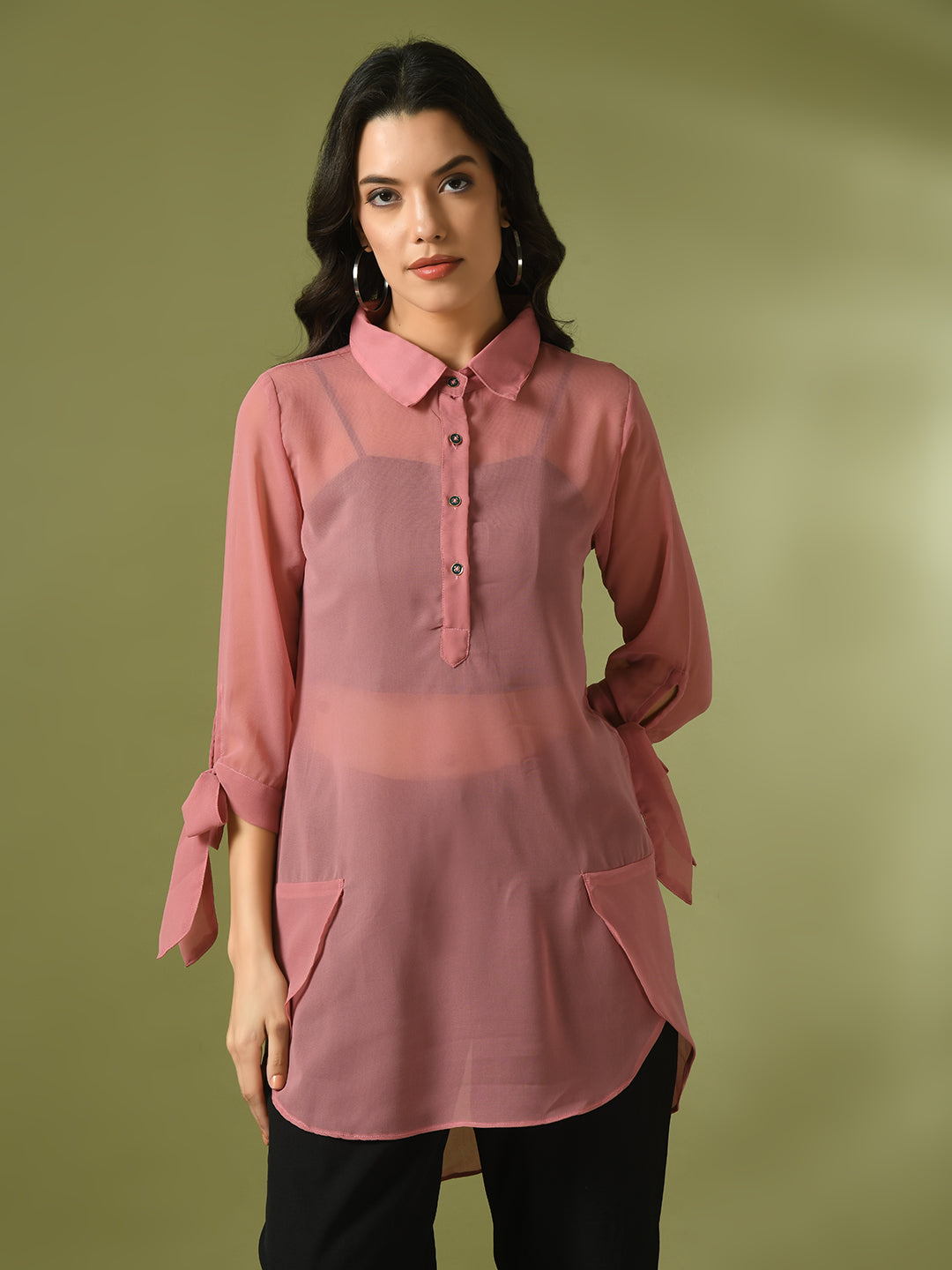 Women's Pink Solid Georgette Longline Party Sheer Tunic - Myshka