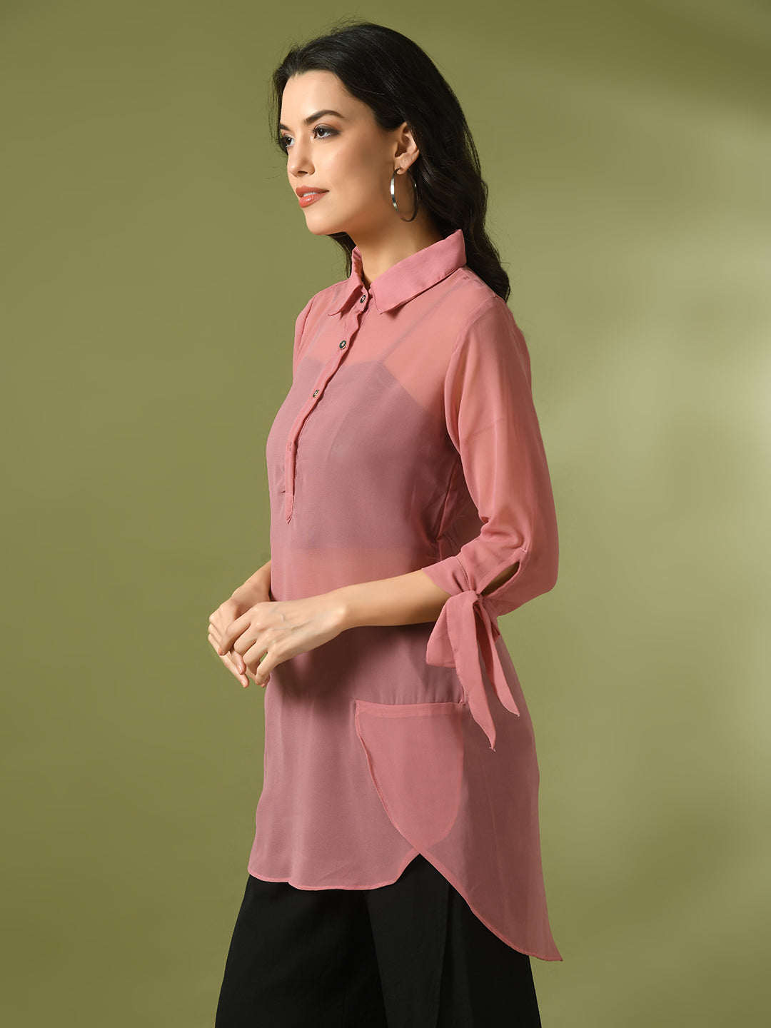 Women's Pink Solid Georgette Longline Party Sheer Tunic - Myshka